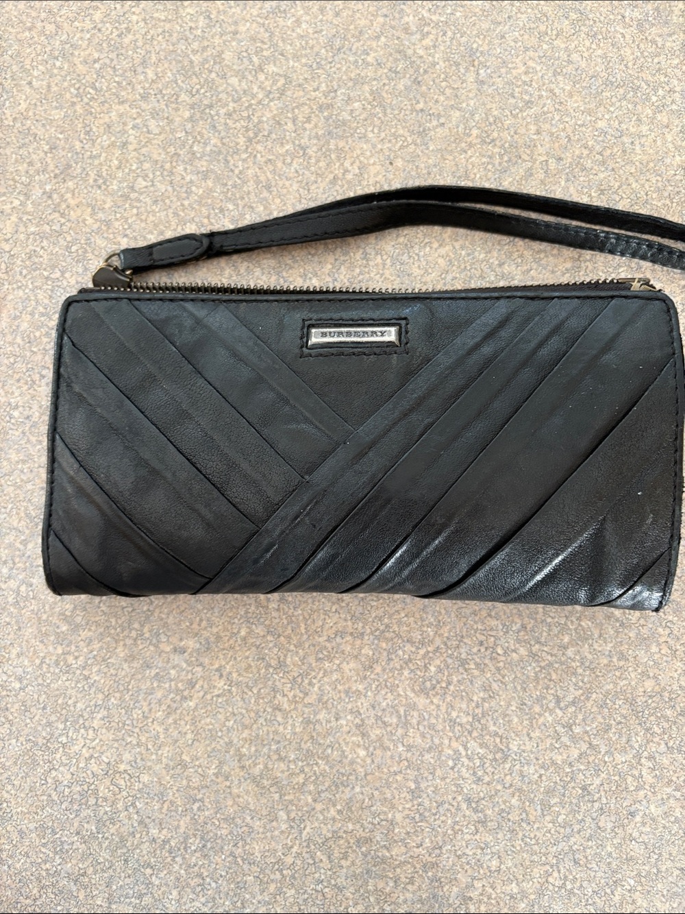 Burberry Black Leather Wristlet Wallet with Diagonal Paneling